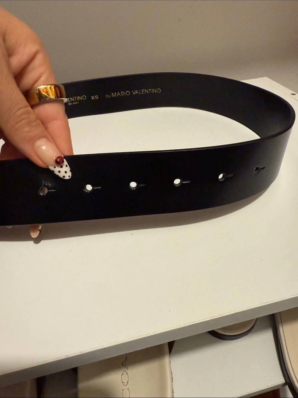 Valentino Black Belt with Gold Round Logo Buckle